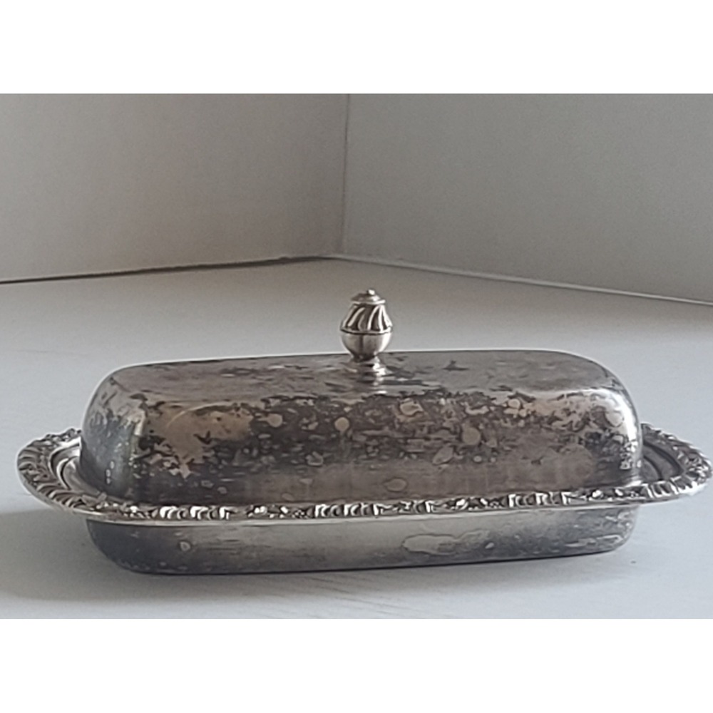 Vintage Silver Plated Butter Dish with Lid Ornate Floral Border 8 Inch